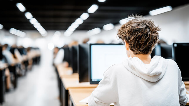 Young male student sitting at a desk, focused on a glowing desktop computer screen inside a blurred computer lab or classroom