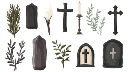 A collection of Christian symbols and grave markers with crosses and leaves on a white background