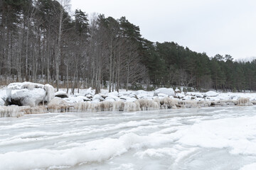 Frozen Forest Lakeshore with Ice-Covered Rocks and Drift Ice Patterns, Wide Winter Landscape Expressing Silence, Cold Stillness and a Calm, Remote Northern Atmosphere © Edijs