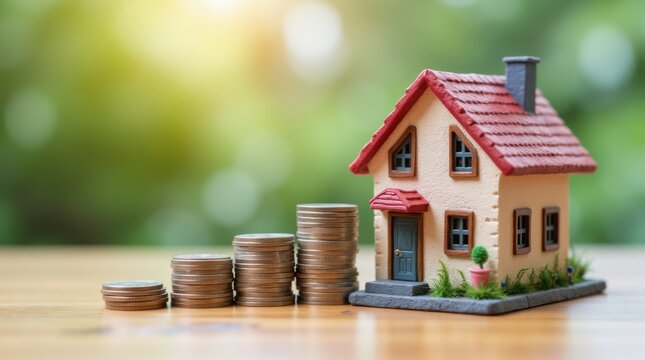 Home Loan and mortgage loan, Building Your Dream Home with Financial Planning and Real Estate Investment - A Guide to the Home Buying Process with Miniature tiny House and Coins money