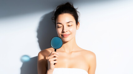 Naklejka premium Young woman smiling, examining her bare skin with a magnifying glass. Representing skincare, beauty, and health
