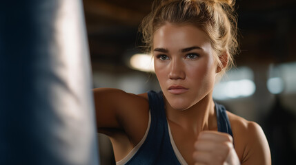 With a powerful stance, a woman striking a punching bag brings attention to the aggressive yet controlled techniques necessary for boxing, showcasing the importance of rigorous training for