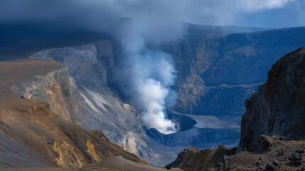 Naklejka premium A view of a volcanic crater with smoke rising majestically, highlighting the geological formations and volcanic activity, suitable for documentaries or articles discussing natural phenomena and