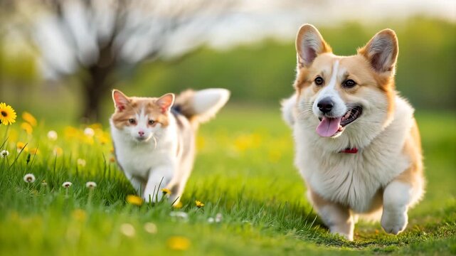 a happy corgi and a playful cat running through a field of yellow dandelions in springtime 4K Video