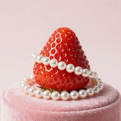 Luxury strawberry wrapped in pearl jewelry on soft pink velvet pedestal