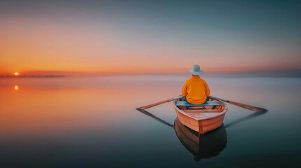 Person in a small boat gently moving across a tranquil lake surface during a beautiful, foggy golden sunrise