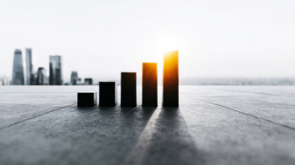 Elevating bar graph representing advancements in business, returns on investments, and market trends against a backdrop of a contemporary cityscape
