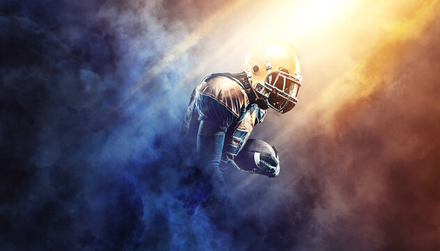 American football player banner. Template for a sports magazine, website, outdoor advertisement with copy space. Mockup for betting ads.