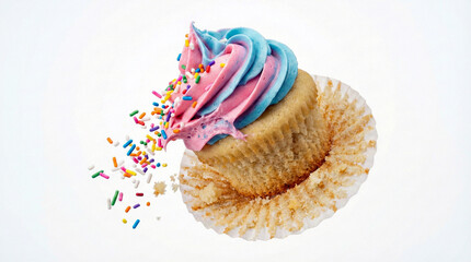 Vanilla cupcake with pink and blue frosting blowing away in motion