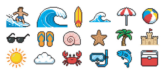 Obraz premium Collection of colorful pixel art icons featuring summer beach elements like a surfer, wave, sun, palm tree, sandcastle, and crab in a retro 8-bit video game style illustration