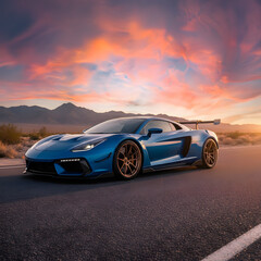 Obraz premium Modified blue performance supercar driving on an open desert road during a dramatic sunset