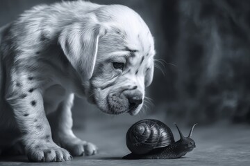 Puppy observing a snail on a grey background  