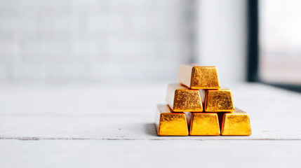 Stacked gold bars forming a pyramid, symbolizing rising value, investment growth, and financial security in economy
