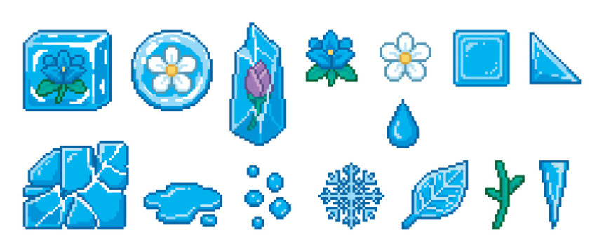 Pixel art set of various ice elements including flowers frozen in cubes and crystals, a snowflake, an icicle, and water drops for a retro game