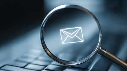 Email magnifying search icon mail message keyboard technology communication focus email magnifying search icon mail message over computer keyboard concept digital contact detail