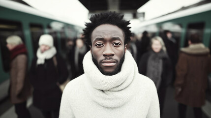 Young black man with serious expression standing on a busy train platform, blending into a blurred crowd, creating a sense of urban isolation