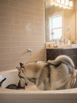 Wet Tabby Cat Angrily Bathing A Large Husky Dog In A White Bathtub, The Husky Suddenly Head-Butting The Cat, The Cat Striking Back As They Erupt Into A Chaotic, Comedic Fight