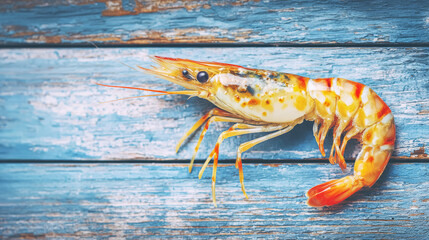 Fresh raw prawn resting on rustic blue wood, ready for cooking, representing healthy eating and gourmet seafood
