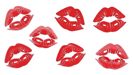 Red lipstick kiss marks set on white background,Romantic red lip print collection for love concept,Lipstick kiss marks pattern isolated on white