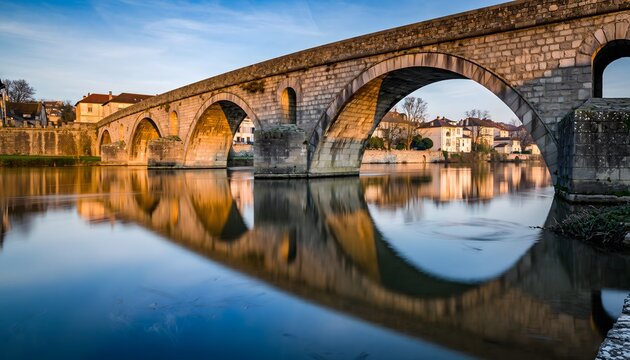 Old Stone Bridge Spanning Calm River in Small Town Illustration Highlighting Tranquil Architecture, Scenic Charm, and Timeless Beauty