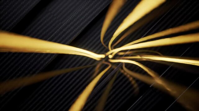 A static, full-frame wide video of bioluminescent golden lines streaking across a deep, dark multi-layered background of carbon fiber panels, casting ethereal illumination with soft bokeh. Concept of