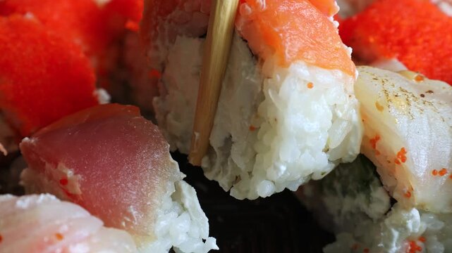 Bamboo chopsticks holding and taking fresh sushi rolls close up