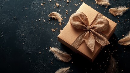 A beautifully wrapped gift box with a golden bow on a dark background surrounded by feathers and glitter