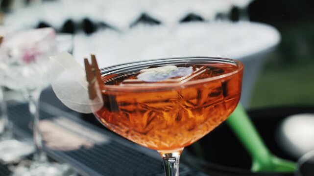 Orange cocktail with floral ice cube in crystal coupe glass