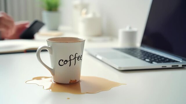Coffee cup with spilled beverage on a white table, next to a laptop, creating a messy workspace scene, highlighting the chaos of daily life and work challenges 