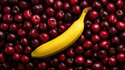 Fresh Yellow Banana on a Bed of Red Berries