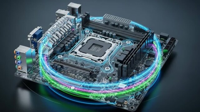 Illuminated circuit board with vibrant neon lights highlighting tech components