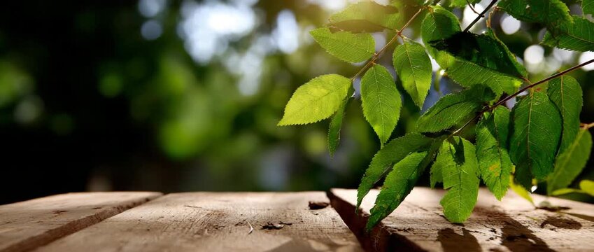 Vibrant green leaves resting on a wooden table in sunlight create a serene scene.