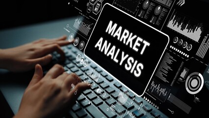 Close-up of Hands Typing on Keyboard with Digital Market Analysis Concept Visuals and Data Graphics in the Background. Asymptotic smart data analytic.
