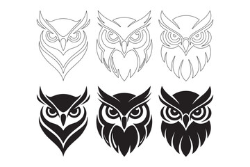 Stylized owl head icons and logos in line and silhouette