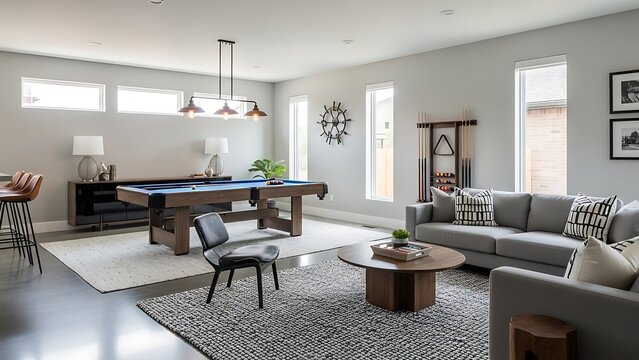 Modern Living Room with Pool Table Interior.