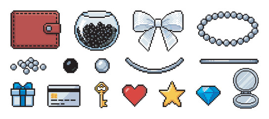 Collection of pixel art icons representing luxury goods and personal accessories including a wallet, caviar, jewelry, and a gift box in a retro 8-bit video game style