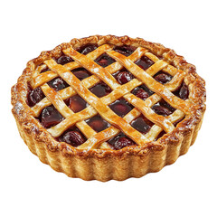 A delicious cherry pie with a golden lattice crust, perfectly baked. The rich red filling is visible through the woven top, promising a burst of flavor. 