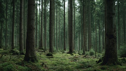 Obraz premium Dense green forest with tall trees