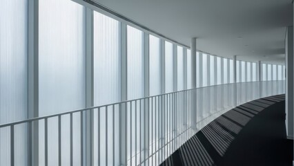 Obraz premium Modern Curved Architectural Corridor with Glass Wall and Railing
