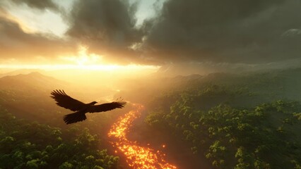 Eagle flying over fiery river at sunset