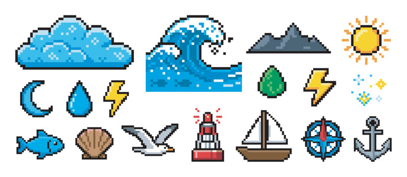 Set of pixel art icons showing nautical and weather elements like a wave, cloud, sun, sailboat, anchor, and compass in a retro 8-bit video game style illustration