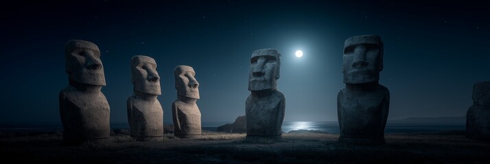 Moai statues on Easter Island watching rising moonlight. Ancient Moai statues standing by the ocean under a night sky with bright moonlight