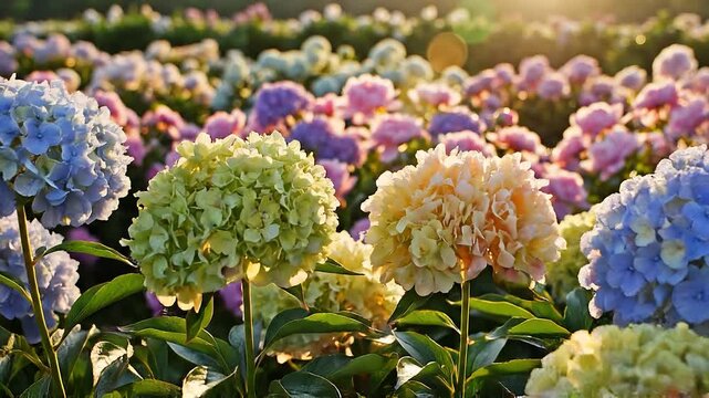 Colorful peonies and hydrangeas blooming in a lush garden. The morning sun illuminates the vibrant petals, creating a serene natural scene