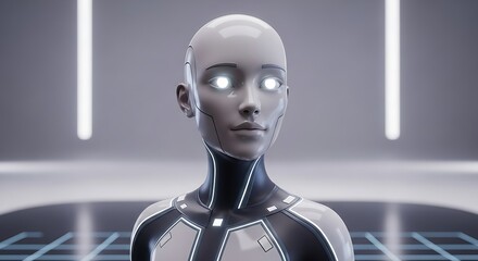 A close-up portrait of an advanced humanoid robot with glowing white eyes and a futuristic design