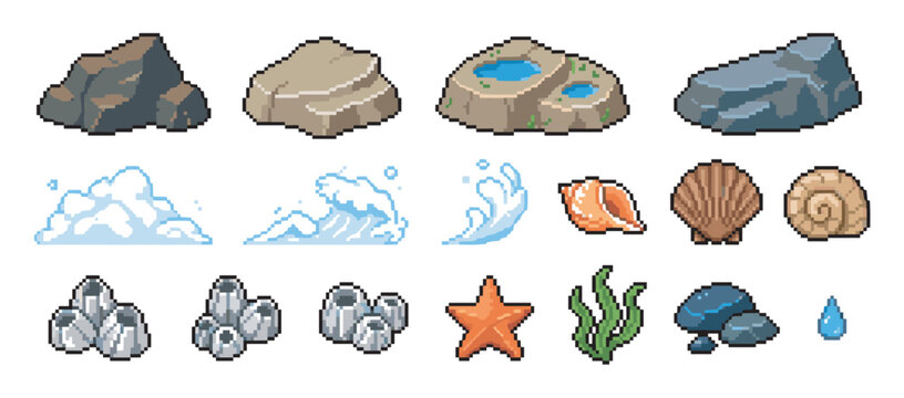 Pixel art set of beach and ocean icons featuring rocks, water splashes, various seashells, barnacles, and seaweed for a retro 8-bit video game asset pack