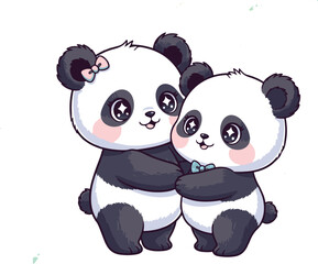 Obraz premium Two Cute Cartoon Pandas Hugging Each Other black and white