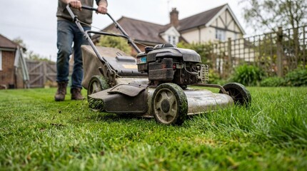 Obraz premium Adult man using a petrol lawnmower to cut green grass in a residential backyard, garden maintenance and seasonal landscaping for home care and property upkeep