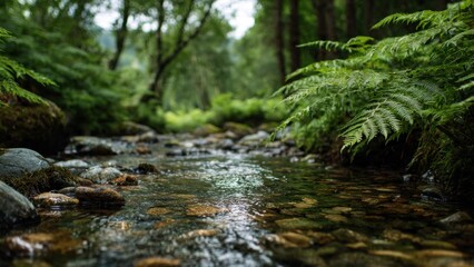 Forest stream with rocks and ferns