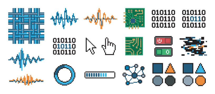 Large collection of pixel art icons representing technology, data, and user interface elements like cursors, binary code, circuit boards, and loading bars in a retro 8-bit style
