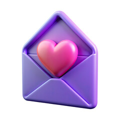 Romantic 3D heart envelope icon with glossy neon pastel colors symbolizing love letter and valentine message on transparent background.